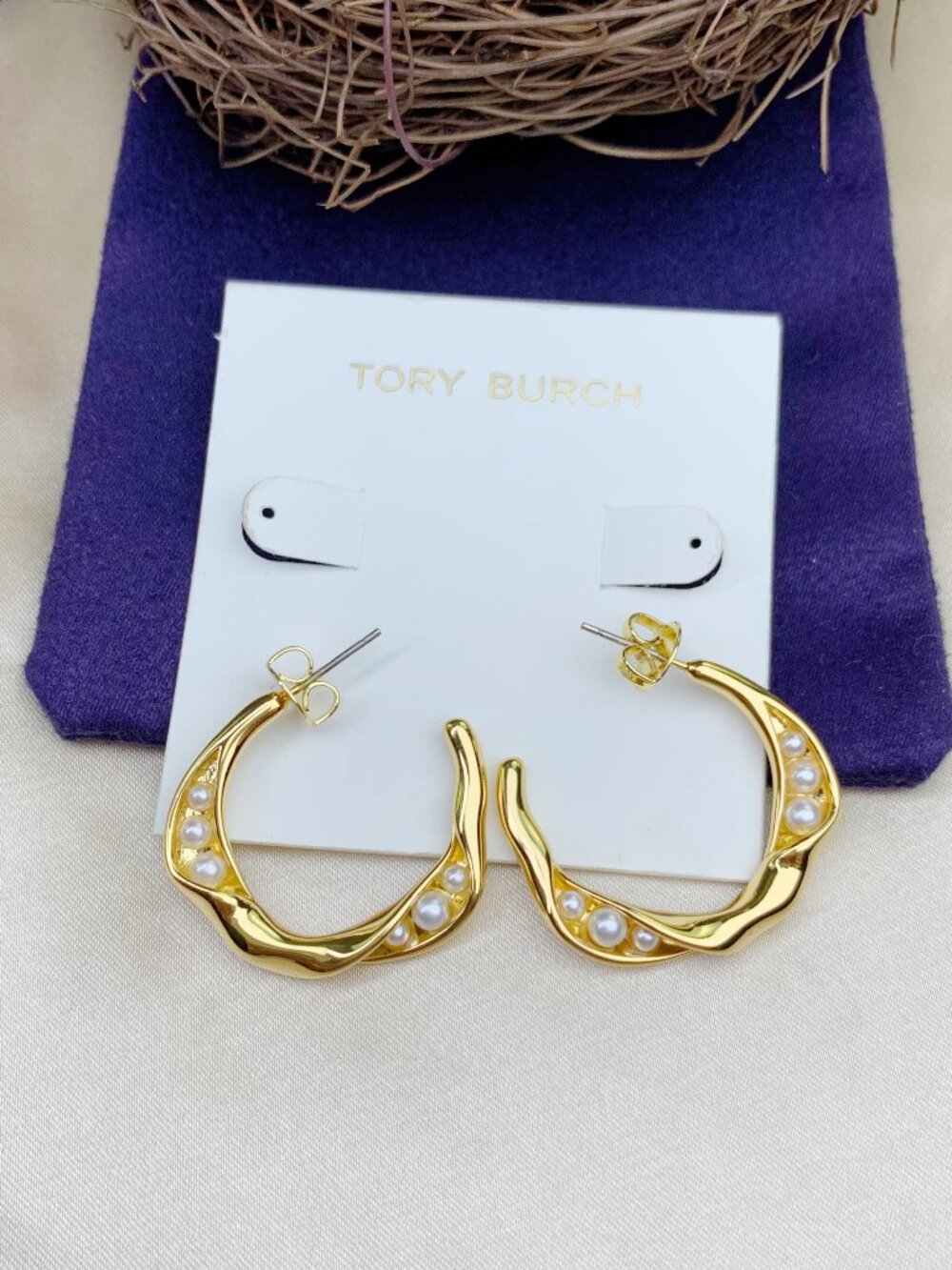 Tory Burch Gold Hoop Earrings with Pearls
